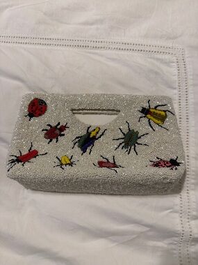 Tiana New York Beaded White Bug Embellished Clutch with Top Cutout Handle